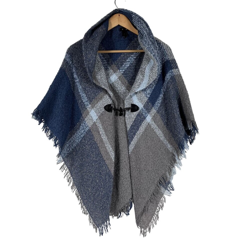 Modena Blue & Grey Fringe Sweater Cape Sz OS - 32" length